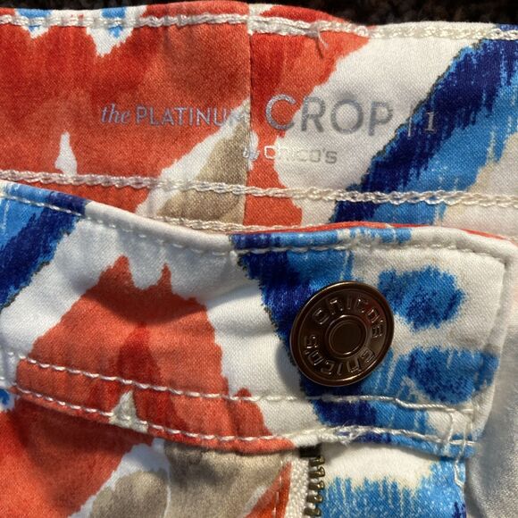 Platinum By Chicos White & Orange Blue Stretch Tribal Crop Jeans Pants Size 1 - Picture 7 of 7